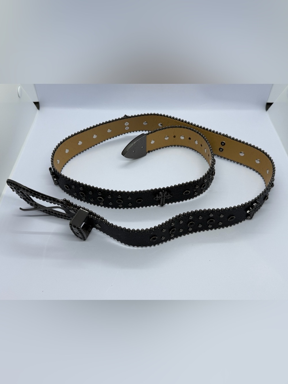 Black Studded Leather Belt with Cross Accent for Women